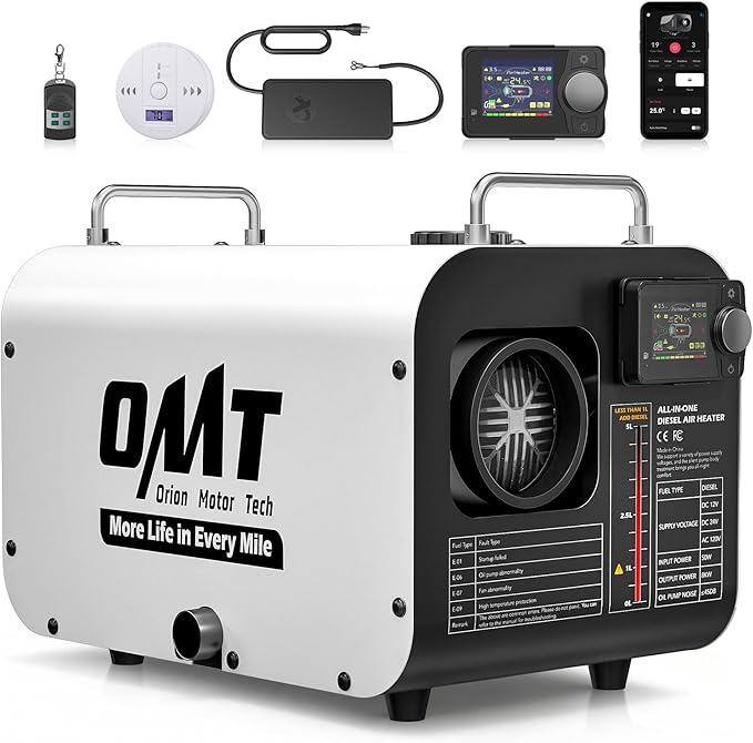 Orion Motor Tech Portable Diesel Heater, 8kW Camper Heater with CO Alarm Auto Shutoff, Diesel Parking Heater for Car Truck Boat RV with 1.7gal Tank Bluetooth Remote Control for 12/24V DC 110V Power