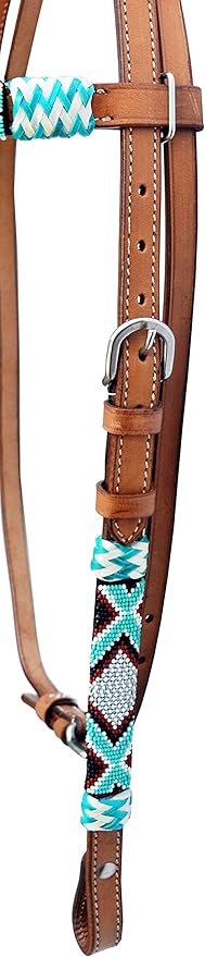 Western Horse Headstall Standard Size – Adjustable Hand Braided Genuine Leather Bridle with Rawhide Knotting, Stitched Accents & Multicolor Beads, Western Riding Tack, Brown