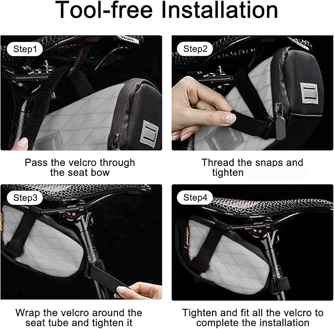 ENLEE Bicycle Saddle Bag, White Reflective Bike Seat Bag with Taillight Hangers, Waterproof Bicycle Storage Pouch Under Seat with Independent Item Partitions for Mountain/Road/Gravel Bikes, Small