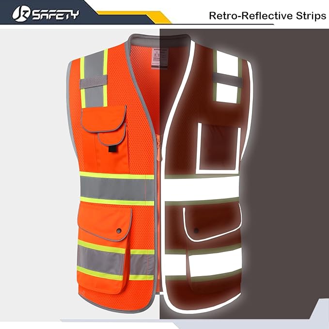 JKSafety 9 Pockets Hi-Vis Safety Vest Breathable Mesh Fabric Cushioned Collar Work Utility PPE Lightweight Industrial Work Gear ANSI/ISEA compliant (101-Orange L)