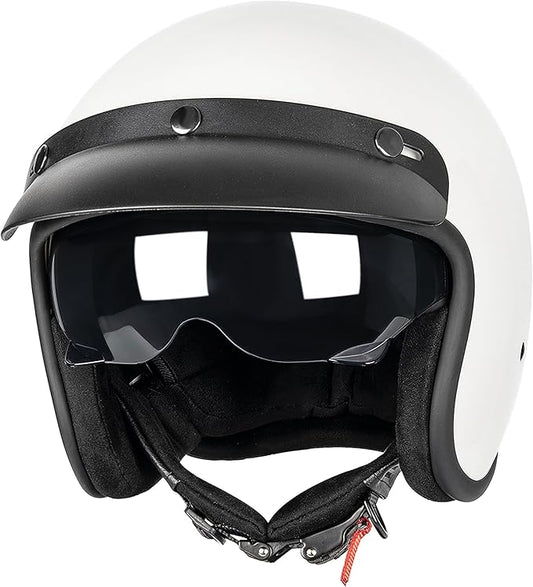 Yesmotor 3/4 Open Face Retro Motorcycle Helmet Vintage Helmet for Vespa Motorbike Casco, Moped, Cruiser, Bobber, and Chopper - DOT Approved（White,M