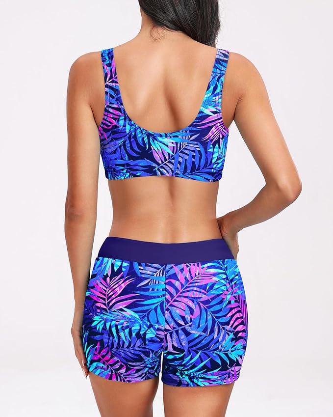Holipick Long Sleeve Swimsuits for Women - 3 Piece Rash Guard with Shorts Zipper SPF Swim Shirt with Built in Bra