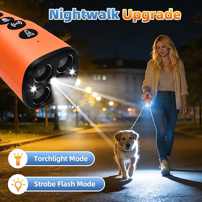 4X Ultrasonic Dog Bark Deterrent Device, 2026 Newest Stop Neighbors Dog Barking, 4 Nozzles Up 90% Efficiency, 3 Modes Humane Training Tool with Flashlight , Safe for Pet Indoor Outdoor（Orange）