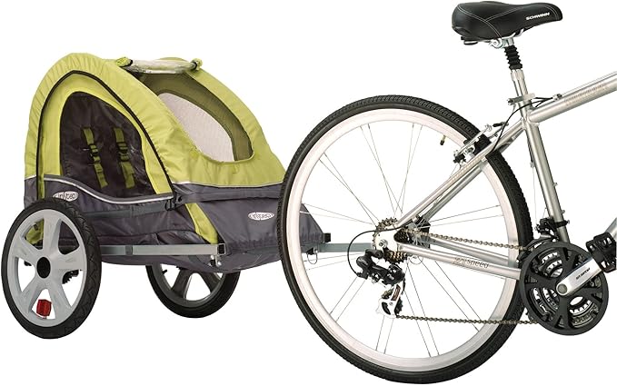 Instep Sync Single Seat Bike Child Trailer, Max Weight 40 lbs., 5-Point Harness, Folding Frame, Quick Release Wheels, Easy Storage, Bug Screen & Weather Shield, Green/Grey