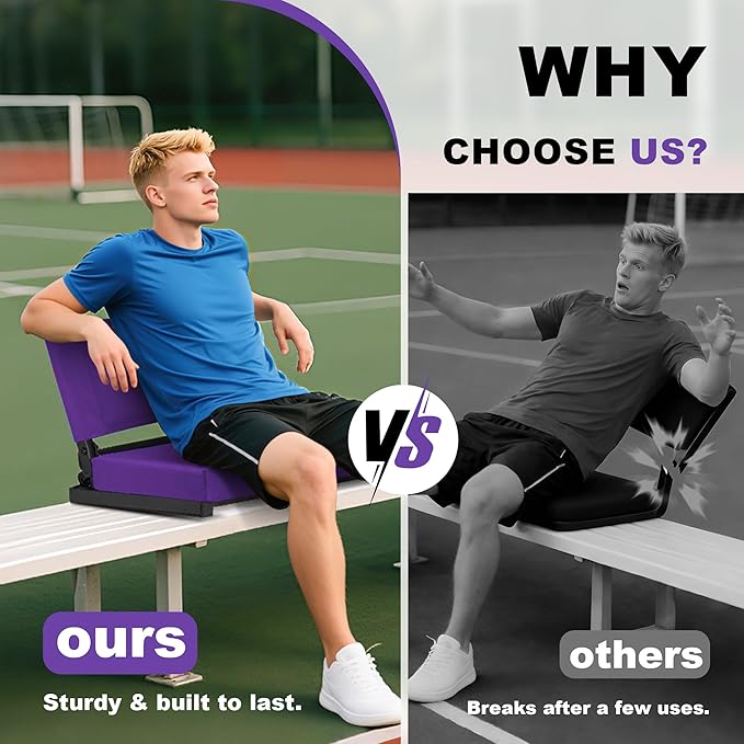 Fragess Bleacher seat, Stadium Seats with Back Support and Thick Cushion, Bleacher Chairs with Shoulder Strap and Side Pocket, Stadium Seat for Bleachers, Perfect for Sports Events(Purple)