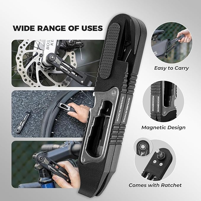 ROCKBROS Bike Tire Levers Kit - 14 IN 1 Portable Bike Multitool with Mini Ratchet Wrench, Bike Tire Levers, Cone Wrenches & File Blade for MTB, Road Bicycle