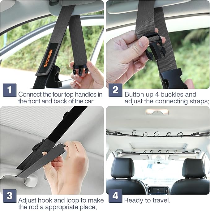 2 Pack Vehicle Fishing Rod Holder for Car, Fishing Pole Car Rack 5 Rods Capacity, Adjustable 30 to 54 Inches Horizontal Car Roof Fishing Pole Storage Carrier Belt for SUV, Truck and Van, Gray