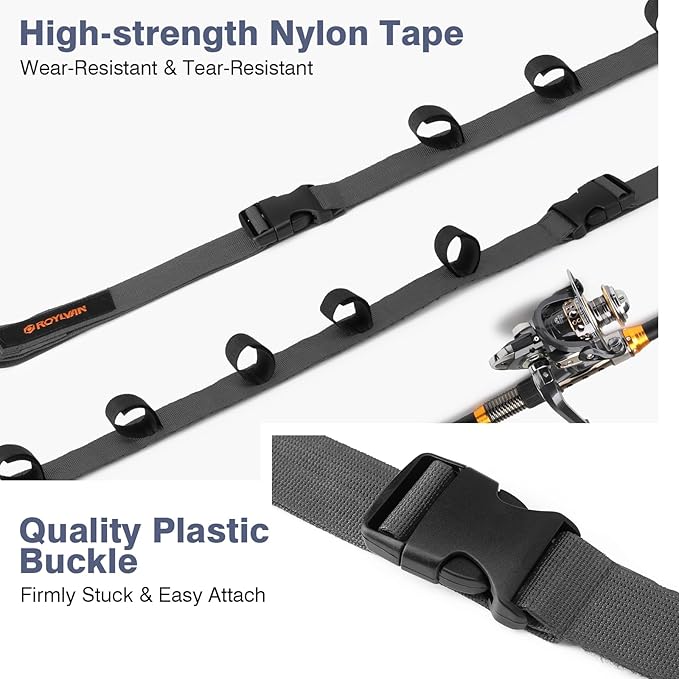 2 Pack Vehicle Fishing Rod Holder for Car, Fishing Pole Car Rack 5 Rods Capacity, Adjustable 30 to 54 Inches Horizontal Car Roof Fishing Pole Storage Carrier Belt for SUV, Truck and Van, Gray