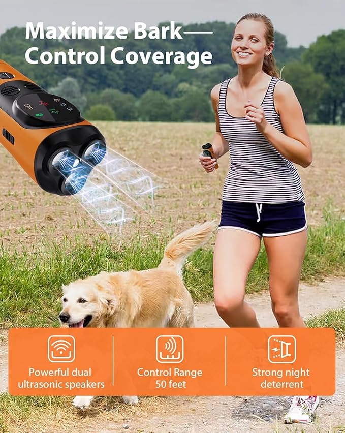 Anti Barking Device for Dogs, 3X Ultrasonic Dog Bark Deterrent Device with Training Modes Stop Neighbors Dog Barks, Portable Dog Training Tool with Flashlight Indoor Outdoor Use, Orange, Black