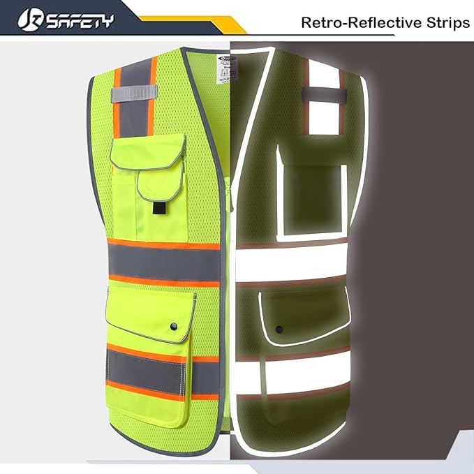 JKSafety 9 Pockets Hi-Vis Neon Yellow Zipper Front MESH Safety Vest with Fluorescent Orange Extend Edge outlining the Reflective Tapes Meet ANSI/ISEA Class 2 Standard (100 Yellow, S)