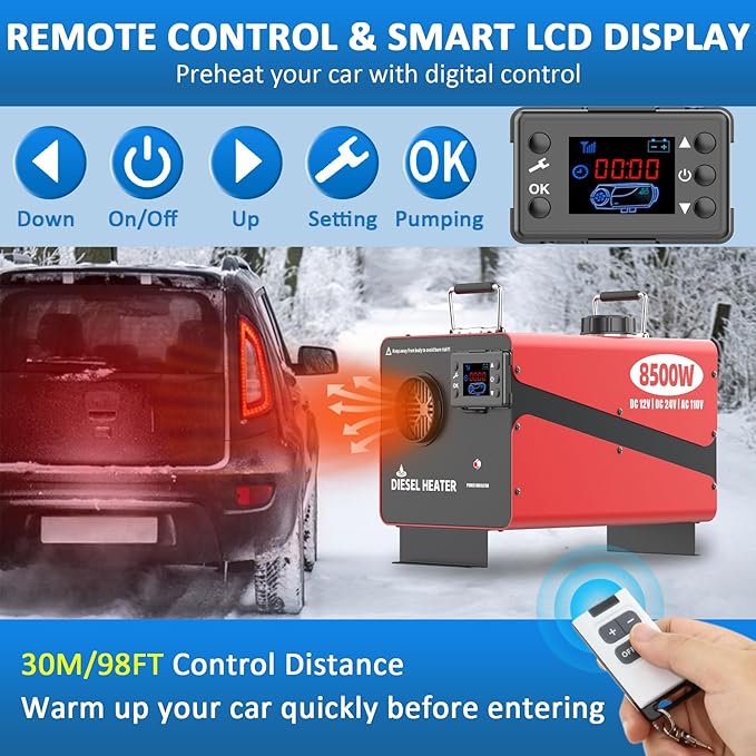 8500Wディーゼルヒーター、リモコンとLCDディスプレイ付き、110V/24V/12V対応ウルトラパーキングヒーター、2025年アップグレード版、RV車、トラック、ボート、バス、家庭、店舗向けオールインワン瞬時暖房低ノイズ（110V/24V/12Vヒーター）