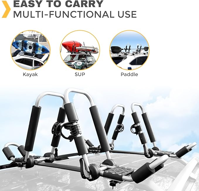 Kayak Roof Rack, Aluminum Kayak Carrier Folding J-Style Universal 3-in-1 Multifunction for Canoe, SUP, Kayaks, Surfboard Rooftop Mount on SUV, Car and Truck Crossbars