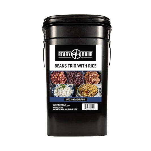 Ready Hour Beans Trio with Rice Kit Bucket (100 Servings) Survival Beans and Rice, Survival Food Storage, Emergency Preparedness Food, Prepper, Easy Prep, 30-Year Shelf Life