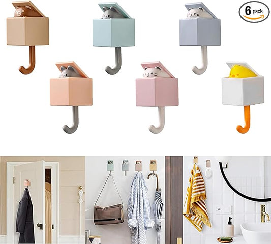 6Pcs Cute Creative Cat Coat Hook for Wall and Door-Max Load 10LB,Utility Heavy Duty Adhesive Wall Hook Mount for Coat, Towel,Scarf, Hat, Robes,Key and Other Items,Kawaii Room Decorative Hooks