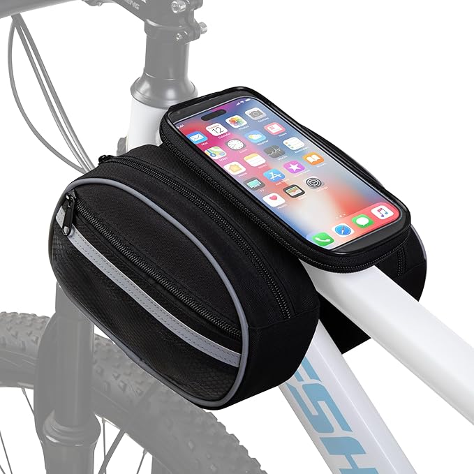Smasrob Bike Frame Bag with Detachable Touchscreen Phone Window, 4 Zipper Pockets, Bicycle Handlebar Bag with Night Reflective Strips, Black