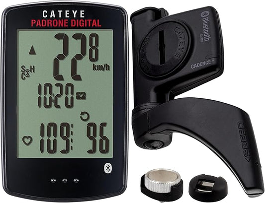 CATEYE Padrone Digital Bluetooth Cycling Computer – IPX8 Waterproof Wireless Bike Speedometer, Bluetooth Heart Rate, Speed & Cadence Compatible, For Road, MTB, Gravel Bikes, Smartphone App Ride Upload