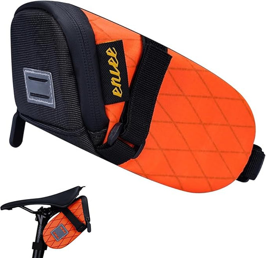 ENLEE Bike Seat Bag, Reflective Bike Saddle Bag with Taillight Hangers, Waterproof Orange Bicycle Bag Under Seat with Independent Item Partitions for Mountain/Road/Gravel Bikes, Small Size