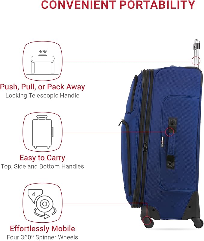 SwissGear Sion Softside Expandable Luggage – Large Checked Suitcase with 360 Degree Wheels & Retractable Handle – 29 Inch, Perfect for 7-9 Night Trips – Blue