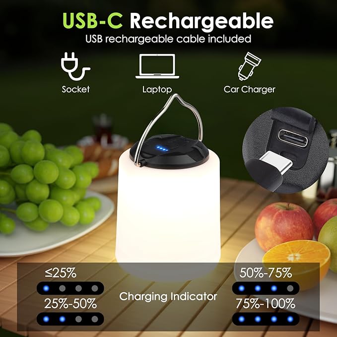 LEDキャンプランタン、充電式キャンプライト、4モード屋外懐中電灯ランタン 1000LM、防水ポータブル非常用キャンプライト ハリケーンハイキングサバイバルキット用 - ブラック