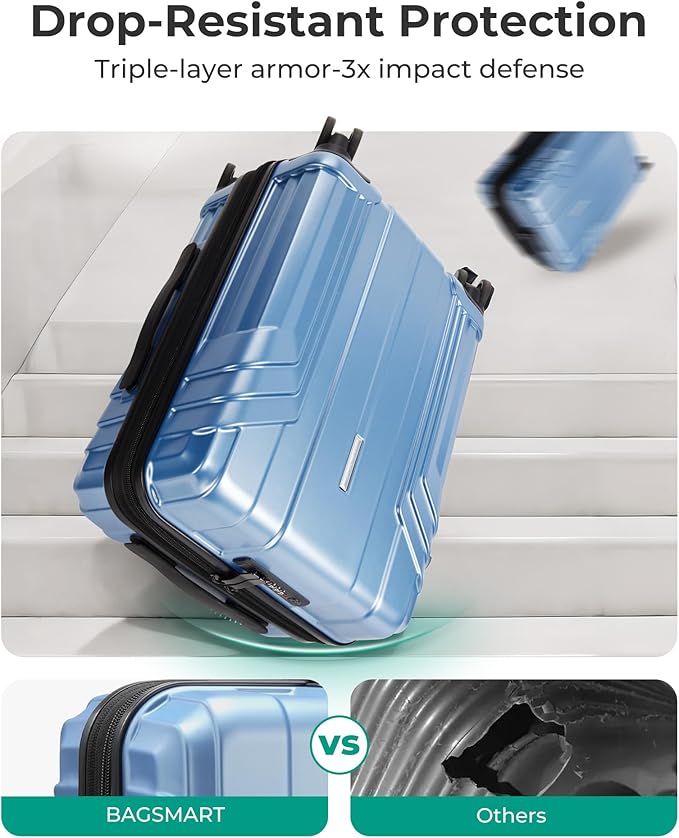 BAGSMART 拡張可能機内持ち込みスーツケース 22x14x9 航空会社承認、100% PC軽量ハードシェル、20インチ旅行用スーツケース（スピナーホイール付き）、防水キャリーケース、ブルー