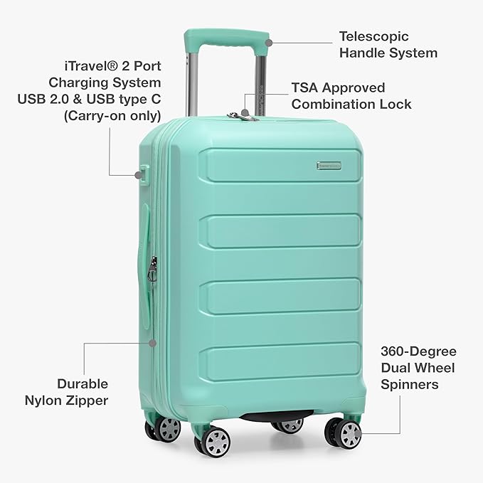 Traveler's Choice Pagosa Hardshell Expandable Luggage with Spinner Wheels, Mint, 22-Inch Carry-on