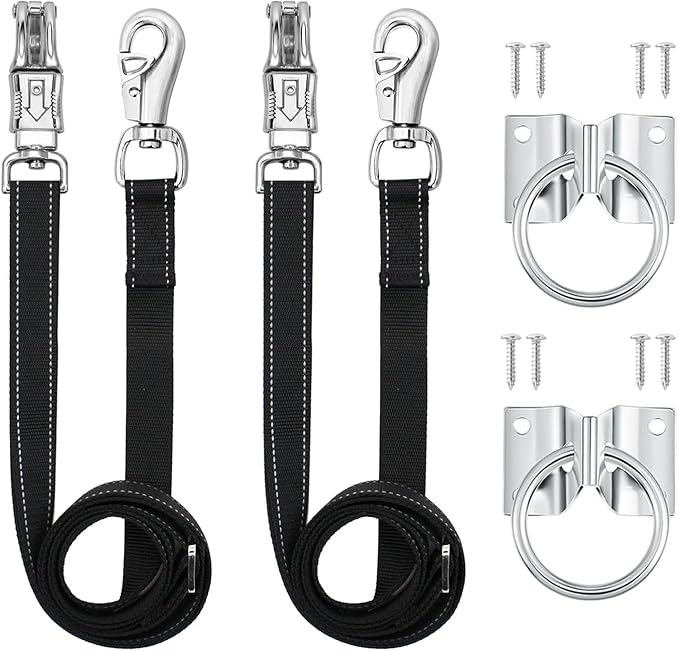 Cross Ties for Horse,Heavy Duty Nylon Horse Trailer Tie with Strong Panic Snap and Bull Snap,Adjustable from 45.2" to 78.7" Hanging Strap with 2 Pcs Tie Rings and Screws
