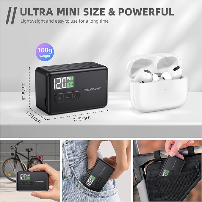 Tiny Pump Mini Bike Tire Pump - Max 120PSI Portable Electric Bicycle Pump with Fast Inflation Auto Stop - Bicycle Inflator with Presta and Schrader Valve for & Various Bicycles Balls E-Bikes