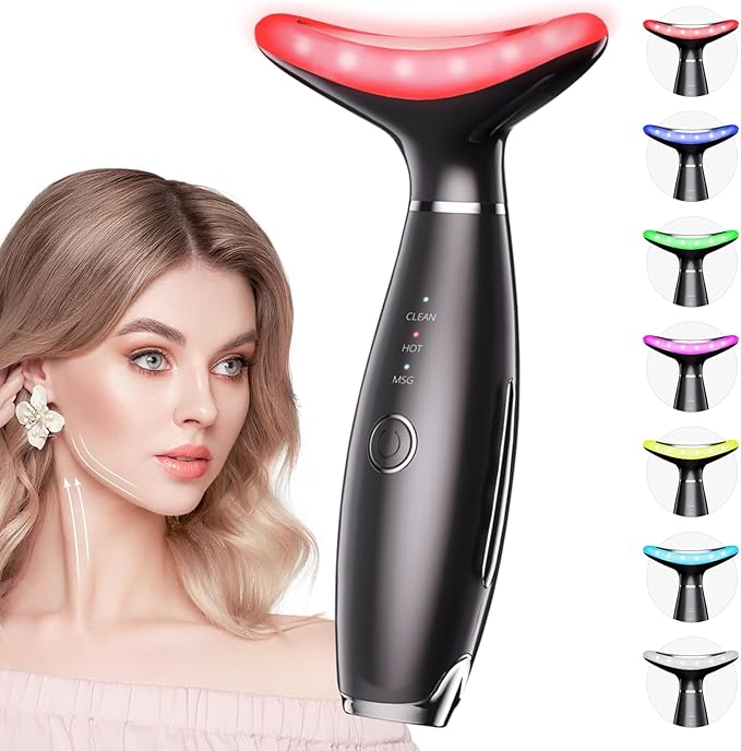 7色ガルバニック美顔器 - 顔と首用レッドライトセラピー、シワ・二重あご用顔マッサージツール、温熱機能付き振動フェイシャルマッサージャー、ブラック
