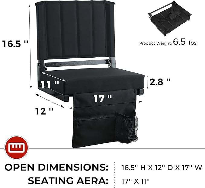 SPORT BEATS Stadium Seats with Back Support Bleacher Chairs with Back and Cushion Thick Padded Bleacher Seats Includes Shoulder Strap Black 1pc Standard