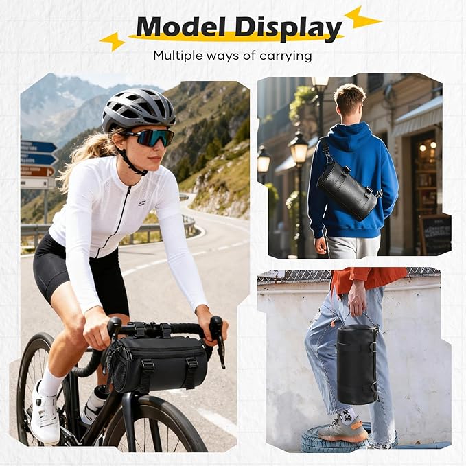 SEAFEW 6L Large Black Bike Handlebar Bag, Waterproof Rain Cover Front Bike Bag for Bicycles, Mountain Road Bike Fram Storage Barrel Bag with Water-resistant Zippers, Cycling Commuter Shoulder Bag