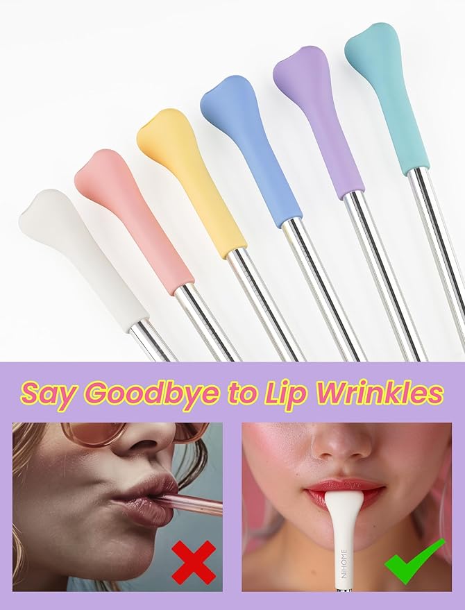 NiHome 6PCS Anti Wrinkle Straws with Silicone Widen Flat Tip Drinking Metal Straw, Fit for Stanley 20/30/40 oz Tumbler, Reusable Wrinkle Free Stainless Steel Long Straw, Brushes & Carry Bag (Macaron)