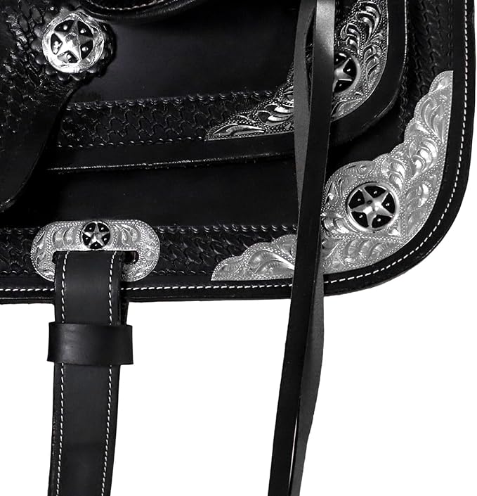 Barrel Brown Western Horse Trail Saddle Set Leather Horse Saddle with Headstall, Breast Collar Combo Rodeo Cowboy Riding Equestrian Comfortable Ride Black Saddle Tack Set