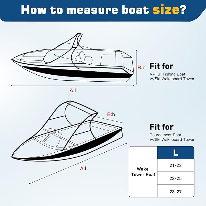 Wake Tower Boat Cover - 900D Marine Heavy Duty Waterproof, Fits 23-25ft V Hull Runabout Ski-Boats, Gray