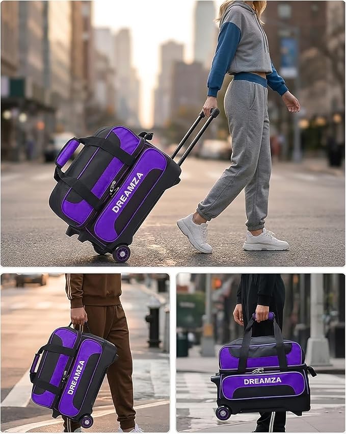 2 Ball Bowling Bag with Wheels, Double Bowling Ball Bag 2 Ball Roller w/Separate Compartment for Shoes Up to US Mens Size 16, w/Retractable Handle Extends to 40" & Accessories Pocket
