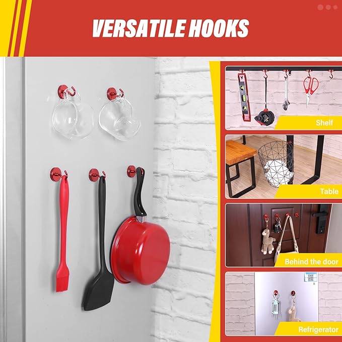 Neosmuk Magnetic Hooks, Heavy Duty 130lb+ Strong Magnet Hook for Cruise Cabins, Cruise Ship Essentials for Hanging, Metal Wall Refrigerator Hangers (Red, 10 Pack)