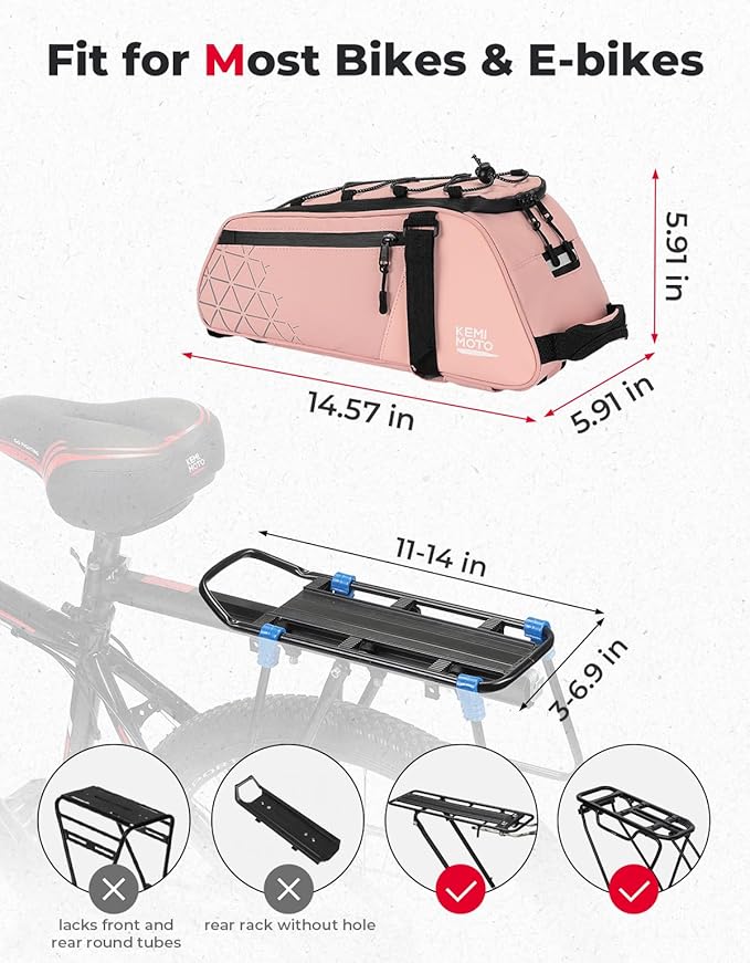 KEMIMOTO Rear Bike Rack Bag - 8L PVC Water Resistant Ebike Bags for Bicycle Rear Rack, Bicycle Trunk Pannier for Commuter Travel Shopping and Cycling (Pink)