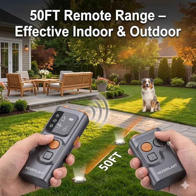 Ultrasonic Dog Bark Deterrent –3-in-1 Humane Training Tool with Whistle & Clicker, 50FT Remote Range, Type-C Fast Charging,Shut-Off Hearing Protection, LED Flashlight for Small Medium Large Dogs