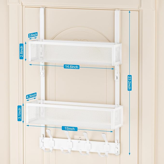 Over The Door Hooks Organizer, Door Hanger Towel Rack with 2 Baskets, Adjustable Over The Door Coat Rack, Back of Door Storage for Bedroom, Kitchen, Bathroom (White)
