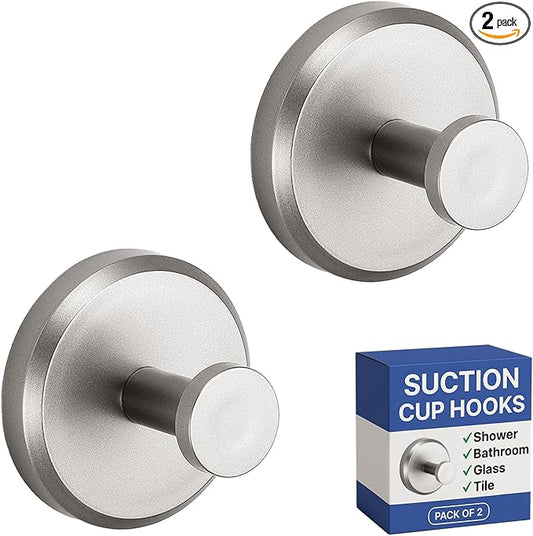 HOME SO Suction Cup Hooks for Shower & Bathroom Towel Holder 2-Pack – Suction Cups Hooks for Hanging Towels, Robes, & Coats - Tiles, Glass Door or Mirror – Shower Hooks & Towel Hooks Organizer -Nickel