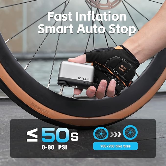 TOPUMP Tiny Pump Mini Bike Tire Pump with Gauge, 120PSI Portable Electric Bicycle Air Pump, Auto Stop, Type-C Rechargeable Battery with Presta and Schrader Valve