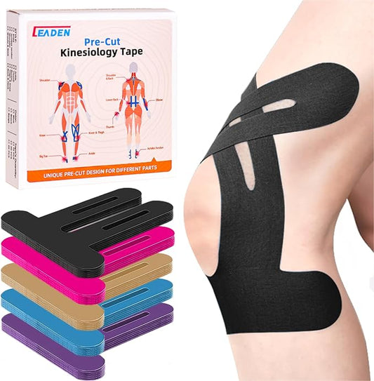 IEADEN Precut Kinesiology Tape for Knees, 20 Pcs - Knee Support & Stability, Knee Pain Relief Athletic Tape - Waterproof & Elastic, Breathable Hypoallergenic Latex-Free Tape, Black