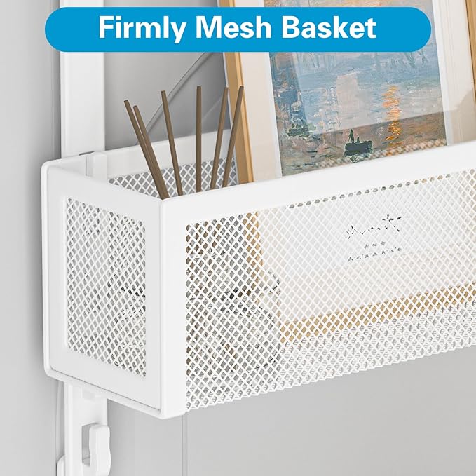 Over The Door Hooks Organizer, Door Hanger Towel Rack with 2 Baskets, Adjustable Over The Door Coat Rack, Back of Door Storage for Bedroom, Kitchen, Bathroom (White)