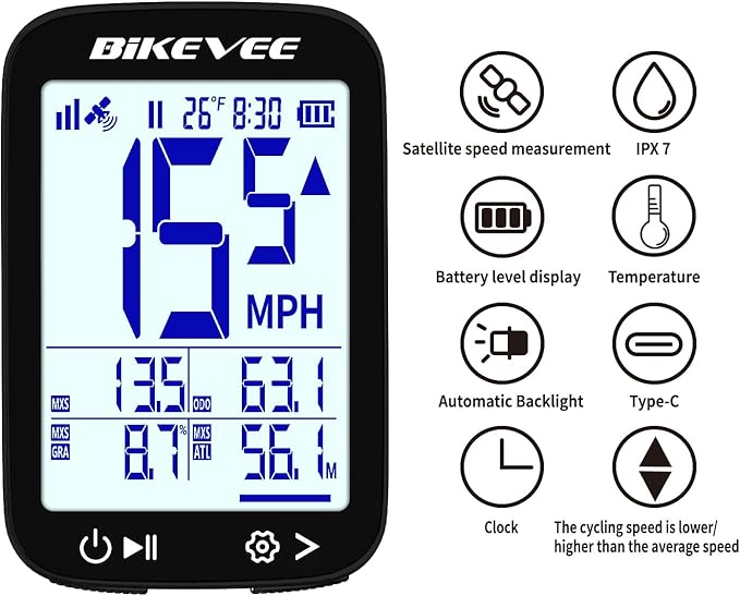 GPS Bike Computer Wireless Cycling Computer with Auto Backlight, Bicycle Speedometer Odometer, Waterproof GPS Speed Tracker for Road Mountain Bikes
