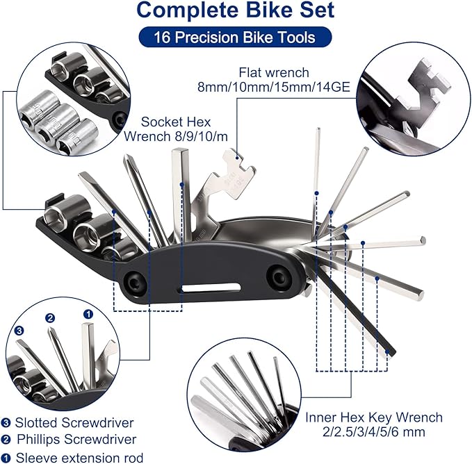 2L Bike Frame Storage Bag with Water Resistant Reflective ,Bike Tire Repair Tool Kit,Mini Bike Pump,16 in 1 Multitool & Bicycle Tyre Lever Patch Repair Tool Accessories Set for Mountain Road Bike, MTB