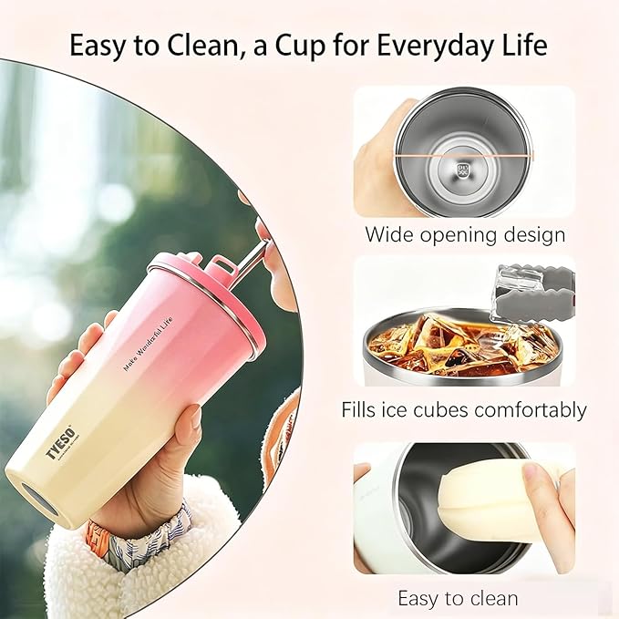 TYESO Stainless Steel Coffee Bottle, 20oz Wide Mouth Travel Coffee Cup with Straw, Vacuum Insulated Stainless Steel Tumbler, Hot & Cold Thermal Mug for Home Office Outdoor, Pink