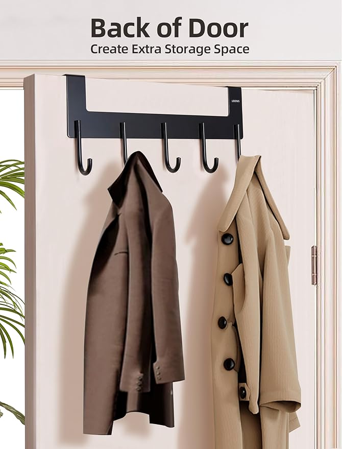 Over The Door Towel Rack,Over The Door Hooks,Heavy Duty Aluminum Over The Door Hanger for Hanging Coat, Bag, Robe,Clothes,Towels,Hat - 5 Hooks, Brush Finish (Matte Black 1Pcs)