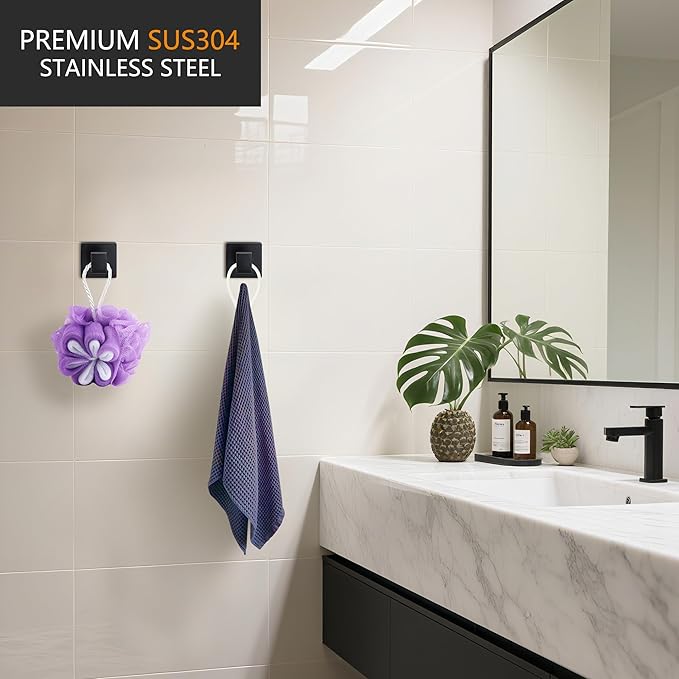 Nolimas Towel Hook Stainless Steel Bathroom Rustproof Clothes Towel Coat Hook Wall Mounted Square Toilet Kitchen, Heavy Duty Door Hanger, 2 Pack, Matte Black