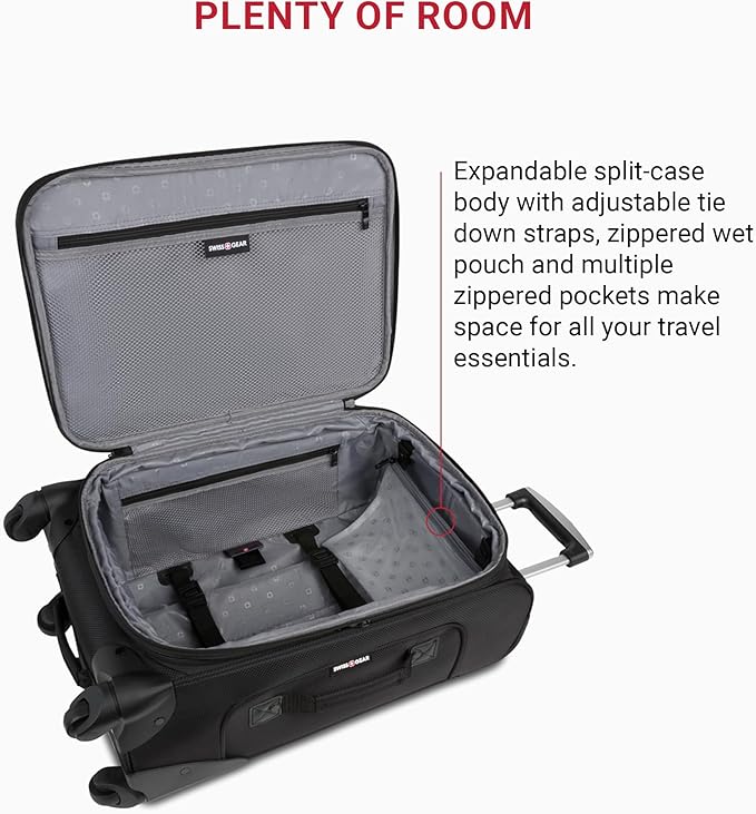 SwissGear Sion Softside Expandable Luggage – Carry-On Suitcase with 360 Degree Wheels & Retractable Handle – 21 Inch, Perfect for 1-3 Night Trips – Black