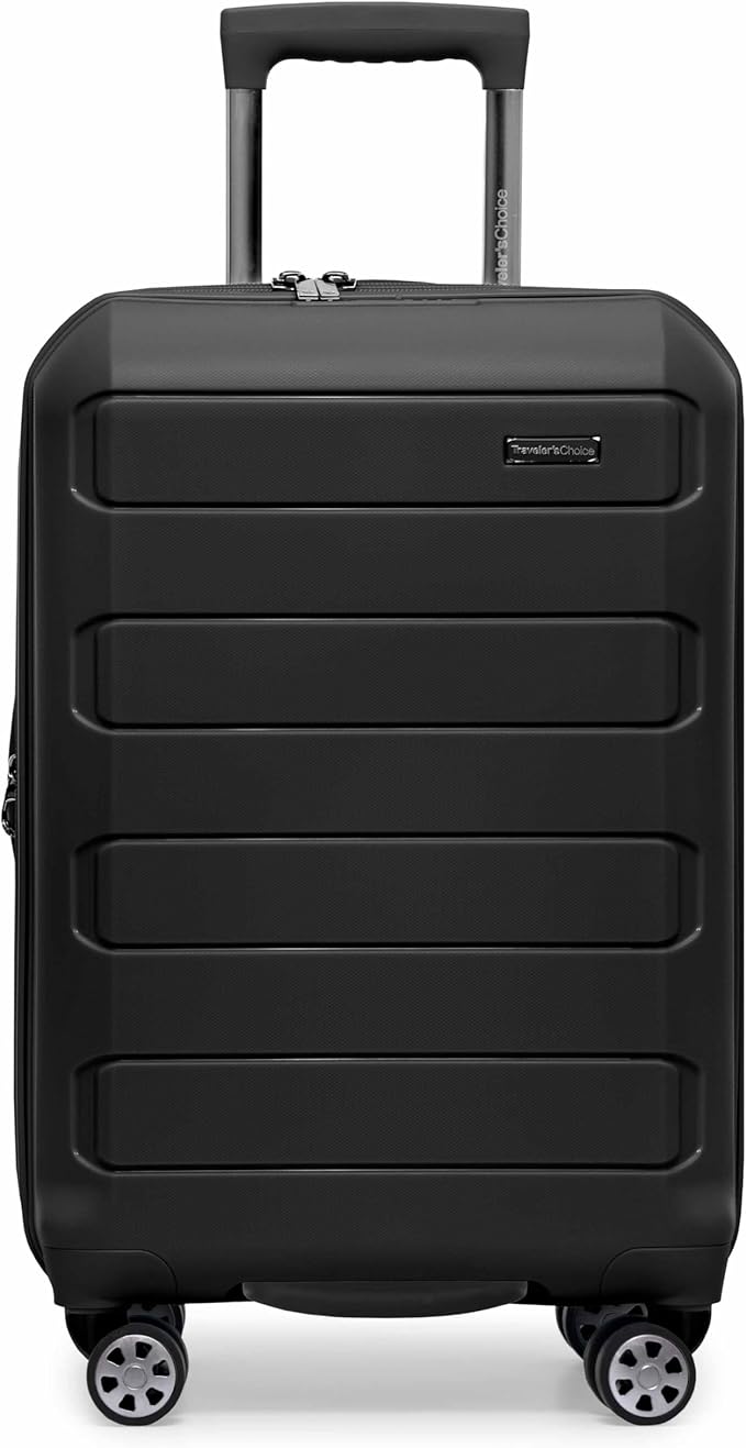 Traveler's Choice パゴサ ハードシェル 拡張可能荷物 スピナーホイール付き, ブラック, 22インチ機内持ち込み