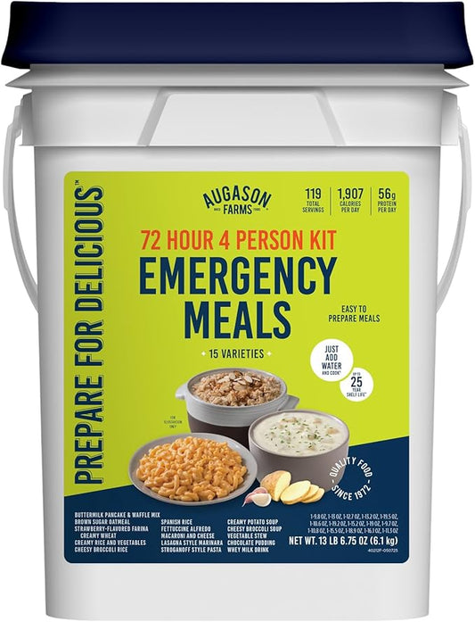 Augason Farms Four Person 72 Hour Emergency Food Supply, 119 Servings, 25 Year Shelf Life, Feeds 4 People - Survival Food Camping Essentials, Family Meals Prepared Dinner, Lunch, and Breakfast